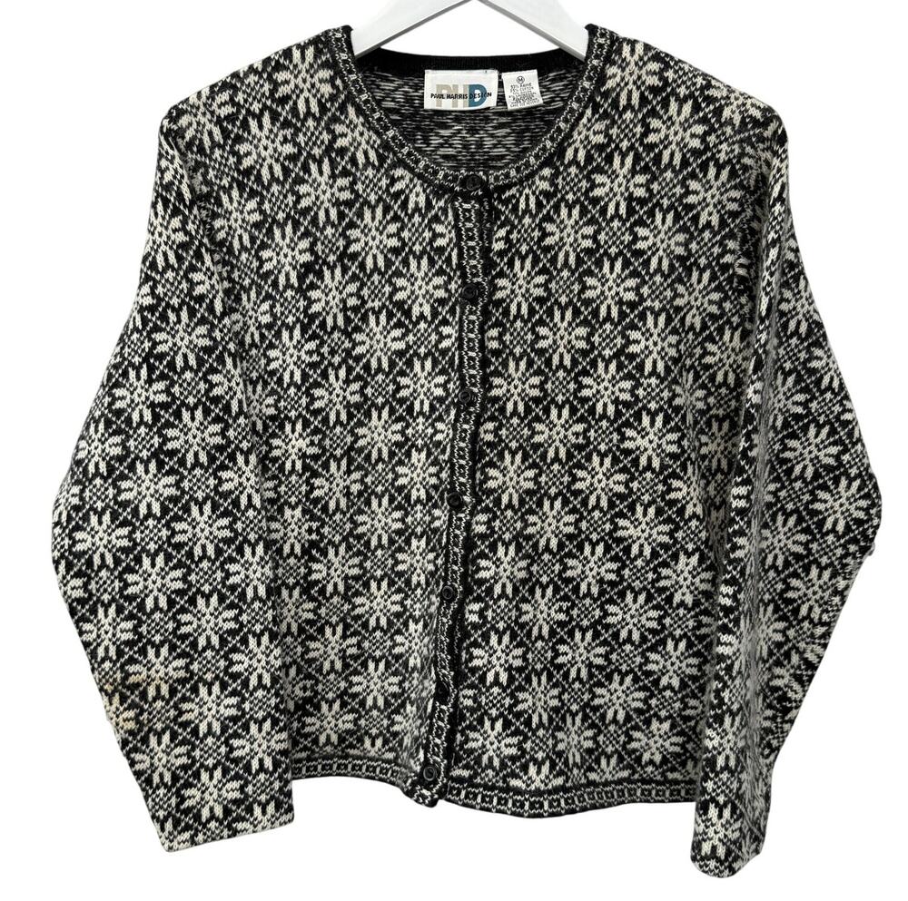 Paul Harris Design Womens Cardigan Sweater Size M Black White Nordic Snowflake